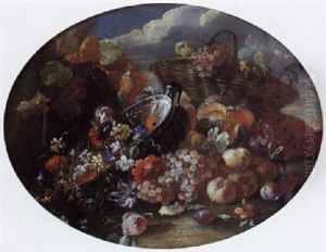 Nature Morte De Fleurs Et Fruits Sur Fond De Paysage by Giovanni Paolo Castelli (lo Spadino)