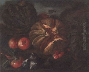 A Melon, Apples, Onions, Cherries And A Cabbage On A Grassy Bank by Giovanni Paolo Castelli (lo Spadino)