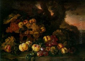 Nature Morte A La Coupe De Raisins, Peches Et Melon Sur Fond De Paysage by Giovanni Paolo Castelli (lo Spadino)