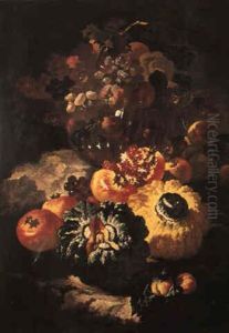 Stilleben Med Frukt I En Glasskal, Pumpor Och Granatapplen by Giovanni Paolo Castelli (lo Spadino)