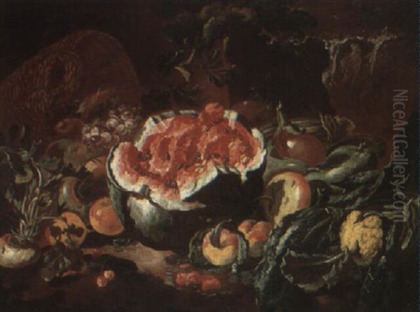 Still Life Of A Watermelon And Other Fruit And Vegetables In A Landscape - view 1