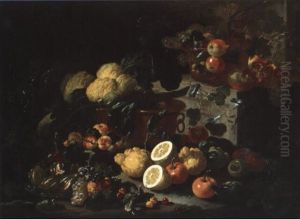 Nature Morte Aux Choux-fleurs Et Fruits Dans Une Coupe En Cristal