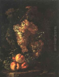Grappes De Raisins Et Peches Sur Un Entablement Grappes De Raisins Et Peches Sur Un Entablement