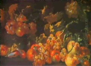 Grapes, Apples, Peaches, And Plums On A Stone Ledge by Giovanni Paolo Castelli (lo Spadino)