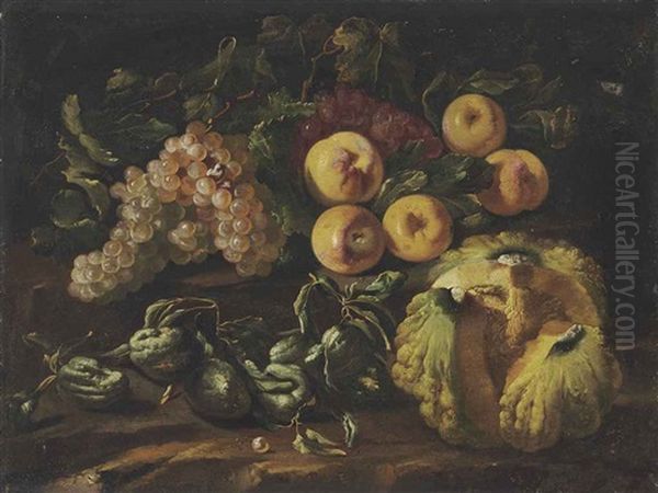 Grapes, Apples, A Melon And Other Fruit On A Stone Ledge - view 1
