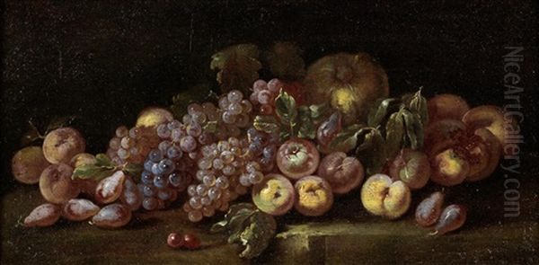 Grapes, Plums, Peaches And Other Fruit On A Stone Ledge - view 1