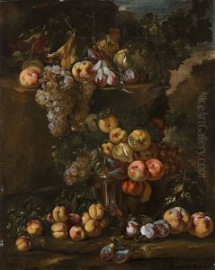 Frutta Varia All'aperto Su Balze Di Roccia E In Una Vasca Di Vetro by Bartolomeo Castelli the Younger