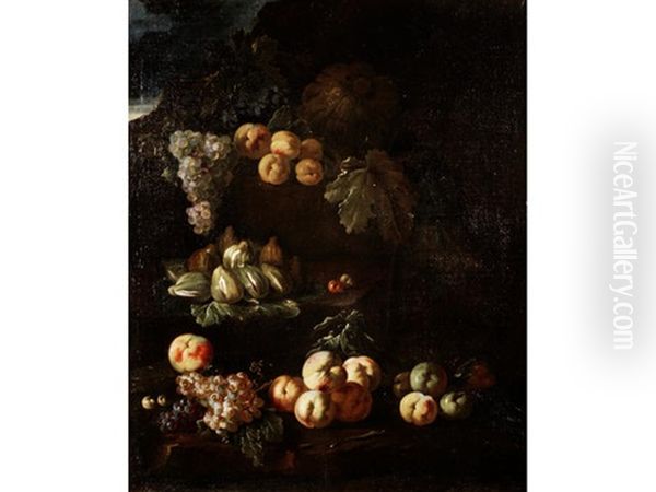 Figs, Peaches And Grapes Before A Rocky Landscape - view 1