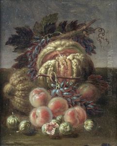 Apples, Grapes And Pears Before A Wicker Basket; Quinces, Pears And Grapes In A Landscape; Peaches, Figs, Grapes And Melons; And Cherries, Peaches, Grapes And Other Fruit In A Landscape (4 Works) by Bartolomeo Castelli the Younger