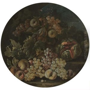 A Still Life With Pears, Apples And Grapes In A Glass Bowl On A Ledge, Beside A Melon And Apples by Bartolomeo Castelli the Younger
