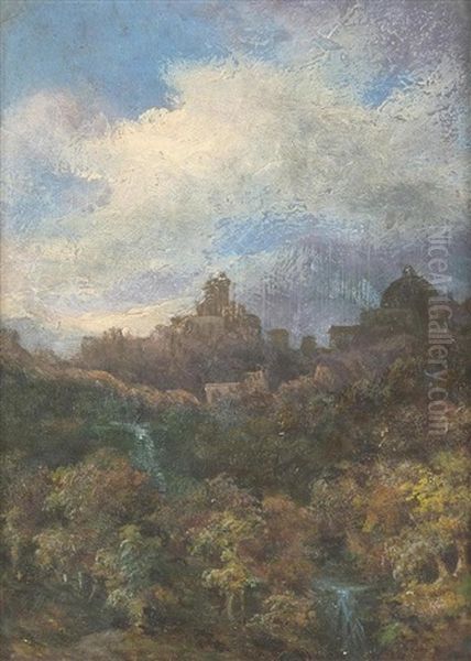 Ville Italienne En Arriere-plan D'un Paysage Boise A La Cascade - view 1
