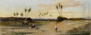 Morgenstimmung In Einer Oase Mit Beduinen, Pferd Und Kamelen by Alessandro Castelli