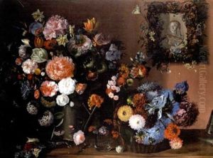 Chrysanthemums, Snowballs, Tulips, Narcissi, Ranuncula And Other Flowers In A Watering Can Beside A Basket Filled With Hydrangeas, Irises, Chrysanthemums And Other Flowers