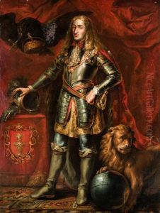 Retrato De Carlos Ii De Cuerpo Entero, Vistiendo Armadura; A Su Lado Un Aguila Con La Espada Y Corona Imperial Y A Sus Pies Un Leon Con El Globo...