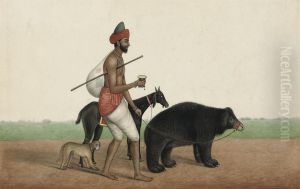 A Travelling Juggler With His Dancing Bear, Monkey And Goat by Shaikh Muhammad Amir Of Karraya