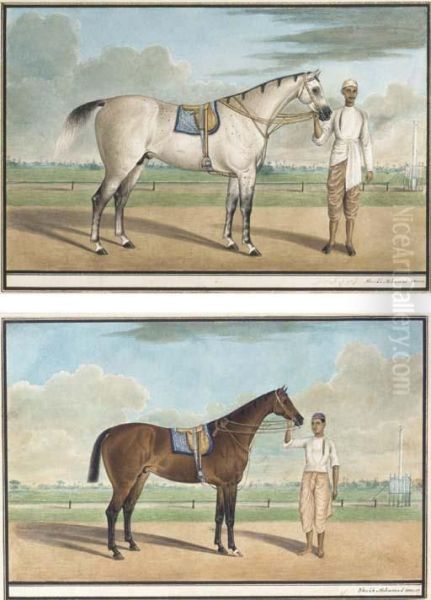A White Stallion With A Groom; And A Bay Horse With Groom - view 1
