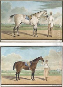 A White Stallion With A Groom; And A Bay Horse With Groom by Shaikh Muhammad Amir Of Karraya