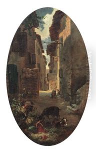 Scorcio Di Vicolo Con Figure E Natura Morta by Adolphe Louis (Napolean) Castex-Degrange