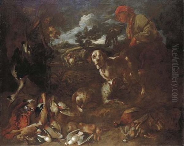 A Wooded Landscape With A Falconer And Two Dogs With Dead Game, A Huntsman Beyond - view 1