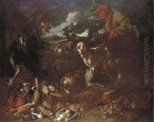 A Wooded Landscape With A Falconer And Two Dogs With Dead Game, A Huntsman Beyond by Francesco Castiglione