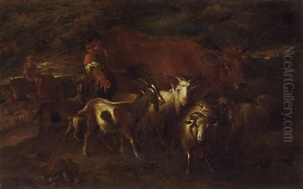 An Extensive Landscape With A Young Neatherd With His Livestock - view 1
