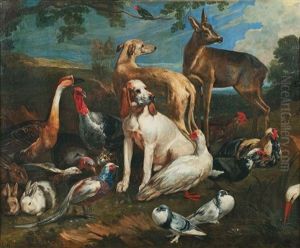 Chien Et Chevreuil Entoures D'animaux De Basse-cour by Giovanni Benedetto Castiglione
