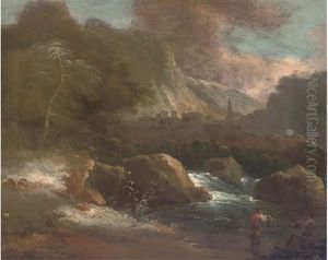 A Mountainous Landscape With Anglers By A Waterfall by Giovanni Benedetto Castiglione