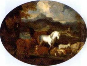 Horses, Cattle, Goats And Rams By A Lake In A Mountainous Landscape by Giovanni Benedetto Castiglione