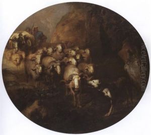 Schafherde Mit Hirten Und Hirtenhund by Giovanni Benedetto Castiglione