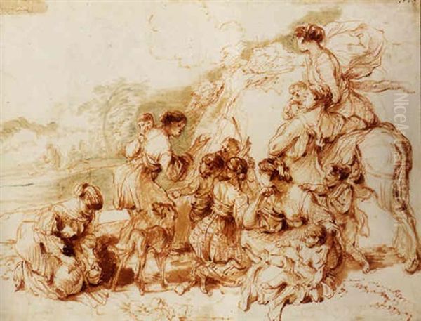 Une Scene De Transhumance: Femme Et Enfants Avec Un Chien Dans Un Paysage - view 1