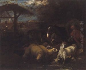 Hirten Mit Herde In Einer Landschaft Mit Bauerngehoft by Giovanni Benedetto Castiglione