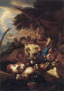 A Muleteer With Sheep, Goats, A Cow, An Ostrich And A Camel By A Statue Of Pan In An Italianate Landscape by Giovanni Benedetto Castiglione
