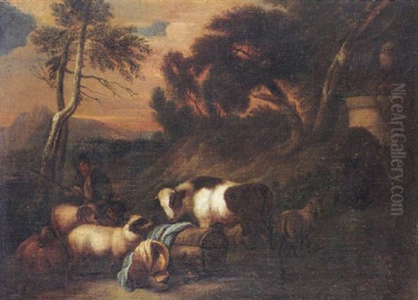 A Wooded Landscape With A Drover And His Animals - view 1