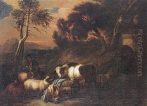 A Wooded Landscape With A Drover And His Animals