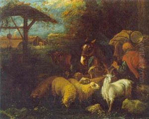Hirt Mit Herde In Einer Landschaft Mit Bauerngehoft by Giovanni Benedetto Castiglione