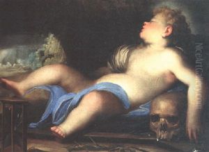 A Vanitas: Cupid Sleeping Beside An Hourglass, Crown Of Thorns And Skull by Giovanni Benedetto Castiglione