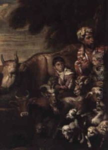 Peasants With A Herd Of Cattle, Goats And Sheep by Giovanni Benedetto Castiglione