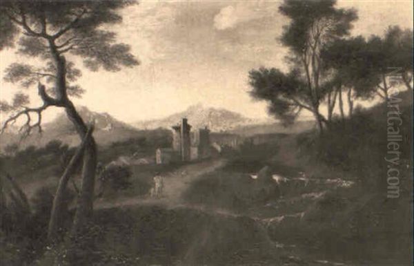 Mountainous Landscape With Travellers And Herdsmen On A Path - view 1