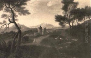 Mountainous Landscape With Travellers And Herdsmen On A Path by Giovanni Benedetto Castiglione