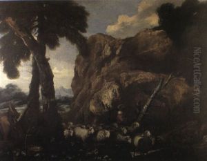 Paysage Boise Avec Un Berger Et Son Troupeau Au Pied D'un Rocher by Giovanni Benedetto Castiglione