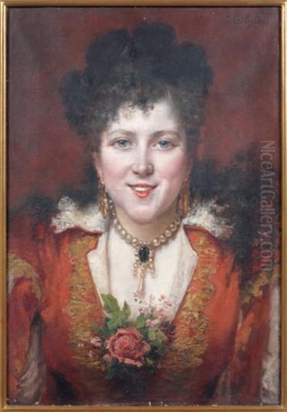Portrait De Femme Aux Yeux Gris Bleus, Dans Une Robe Rouge, Un Pendentif A Son Cou - view 1