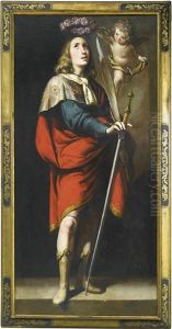 Saint Acisclus Holding A Sword And A Martyr's Palm, Crowned By A Putti; Saint Victoria, Holding An Arrow And A Martyr's Palm, Crowned By A Putti (pair) by Antonio Del Castillo Y Saavedra