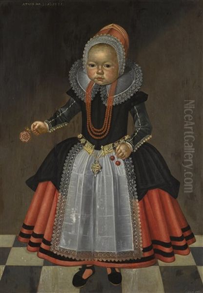 Portrait Of A One-year-old Child, Full-length, Holding Cherries And A Flower - view 1