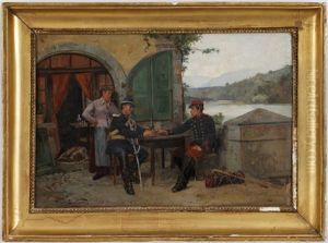 Scene D'auberge Avec Deux Militaires