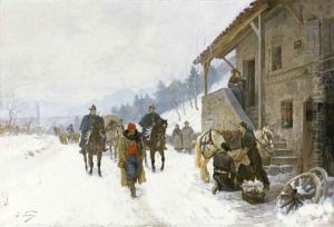 Paysage En Hiver Avec Saltimbanques, Ours Savants Et Des Gendarmes A Cheval by Edouard Castres