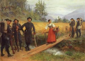 Chasseurs Alpins Und Das Bauernmadchen Mit Huhnern Am Holzsteg by Edouard Castres