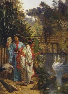 Beijins Fishing In An Ornamental Pond by Edouard Castres