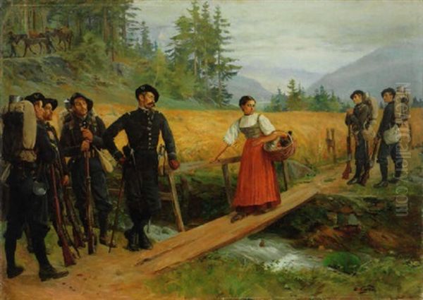 Chasseurs Alpins Und Das Bauernmadchens Mit Huhnern Am Holzsteg - view 1
