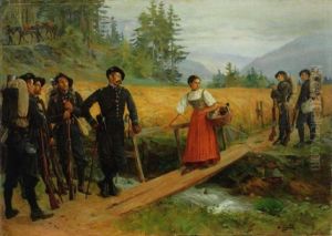 Chasseurs Alpins Und Das Bauernmadchens Mit Huhnern Am Holzsteg by Edouard Castres