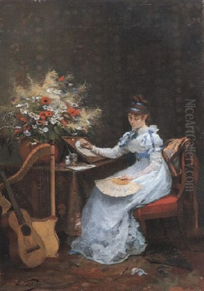 Jeune Fille Peignant Un Eventail - view 1